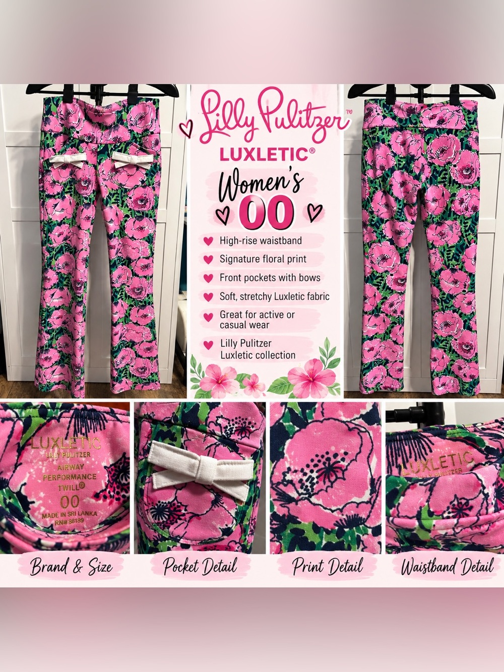 Lilly Pulitzer Luxletic Corso Kick Flare Pants Florrie Golf Pink Green 00